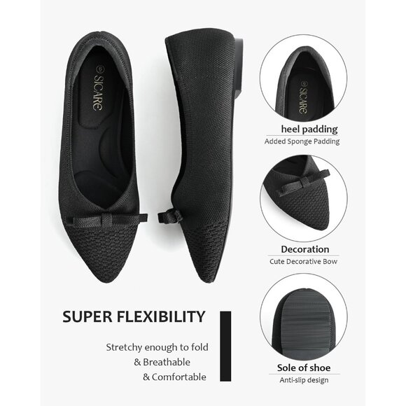 Black Suede Flats Bow Knit Round Toe Comfortable Ballet Flats for Office Work - Picture 3 of 10
